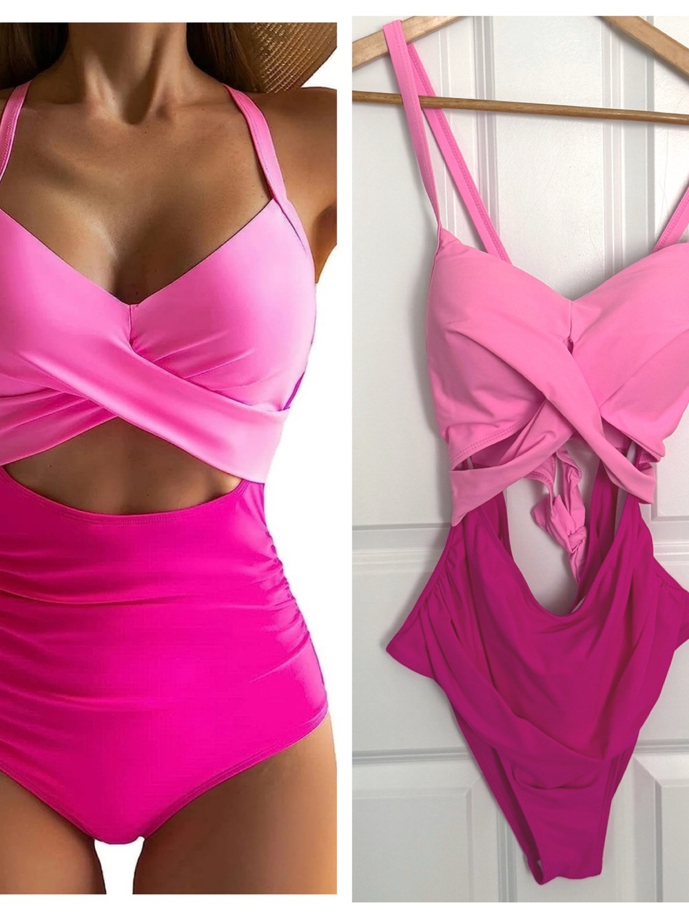 Pink Two-Tone Twist Front One-Piece Swimsuit Cut Out Tie Back Size Large
